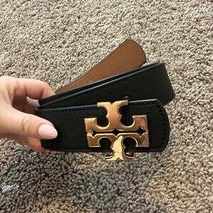 Tory Burch Black and Tan Reversible Belt with Gold Logo